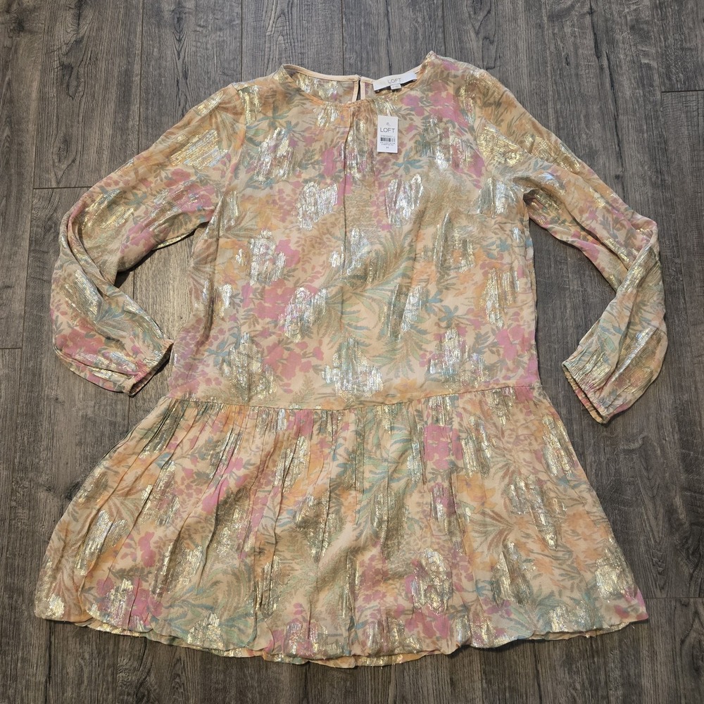 LOFT Shimmer Floral Jacquard Bubble Hem Mini Dress Long Sleeves Size M NWT